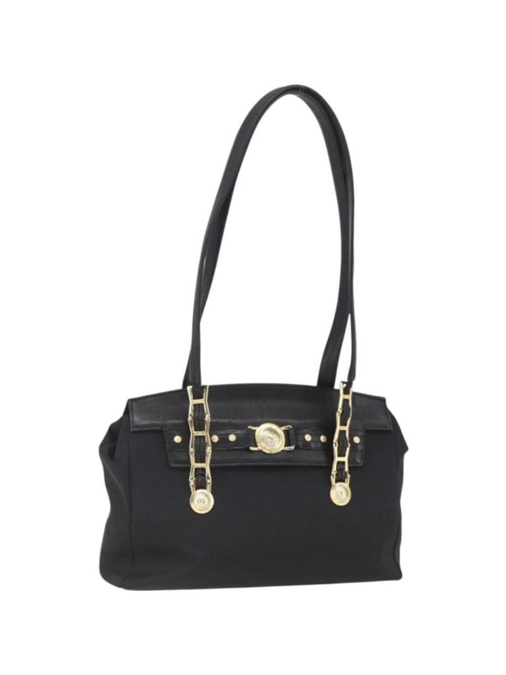 Gianni Versace Tote Bag Nylon Leather Black Gold